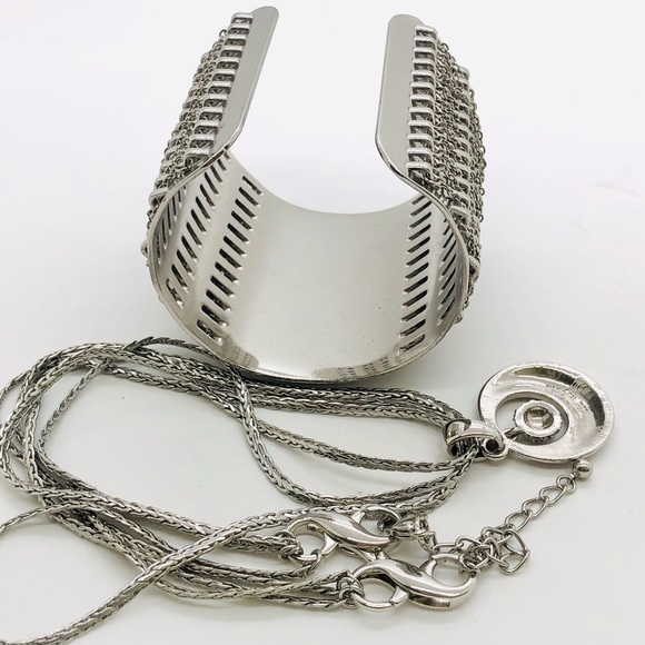 Vintage Silver Modernist Cuff Bracelet & Rhinestone Pendant necklace - Picture 6 of 13